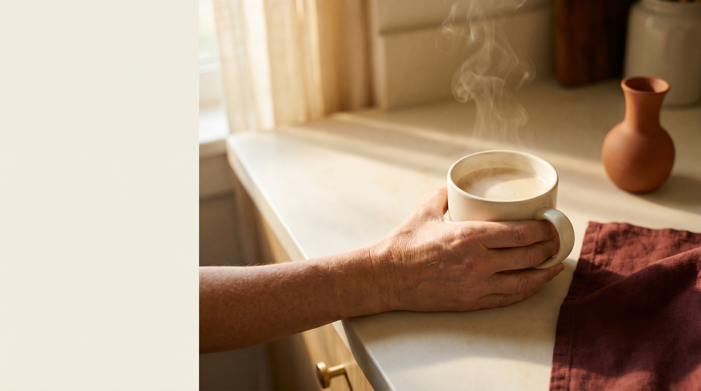 Hand cradling a warm ceramic mug of CortiCore — 15-second daily ritual