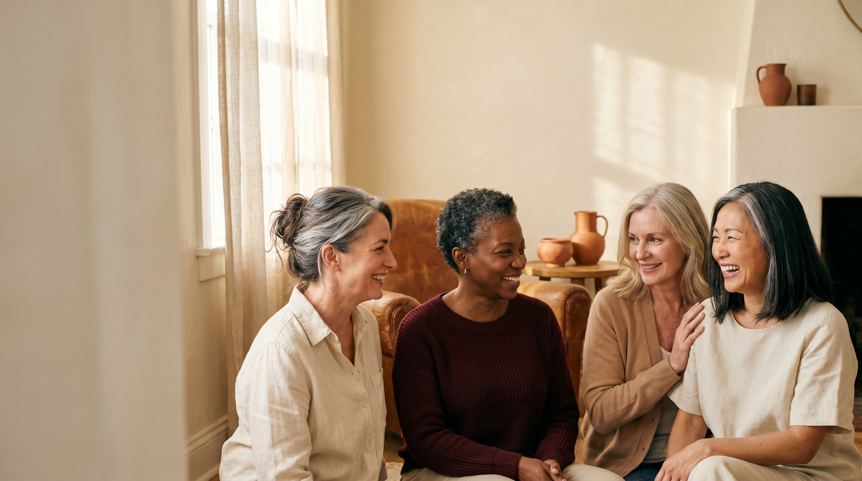 Four diverse women in their 40s and 50s laughing together in a warm sunlit interior — MenoReign brand hero