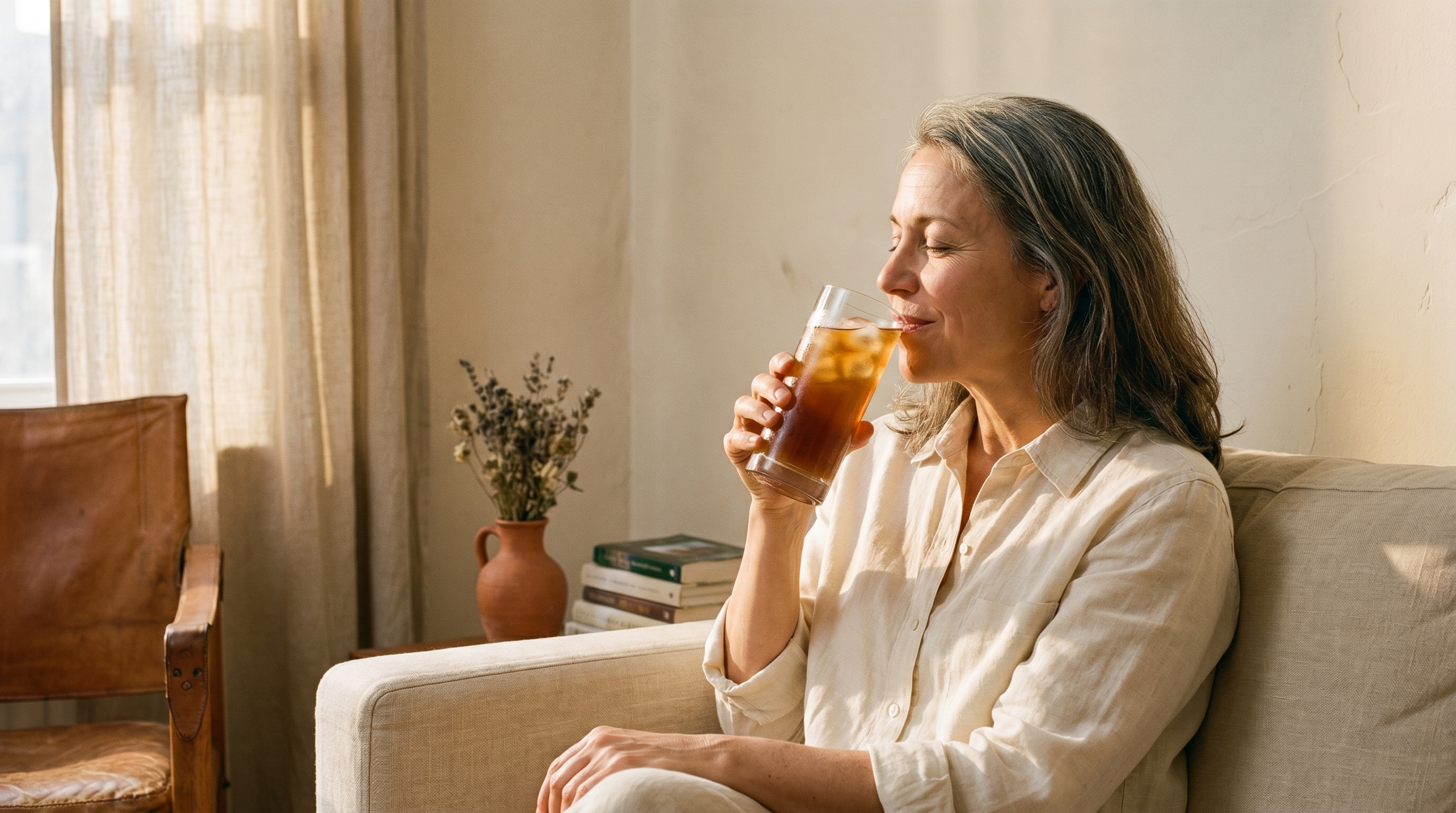 Woman 50+ savoring an iced CortiCore drink in her sunlit living room