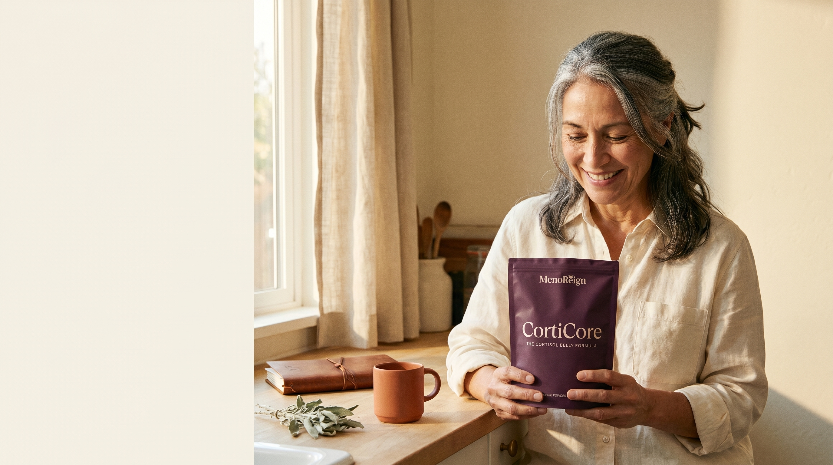 Woman 50+ holding the CortiCore pouch with a quiet smile of gratitude — 60-day promise