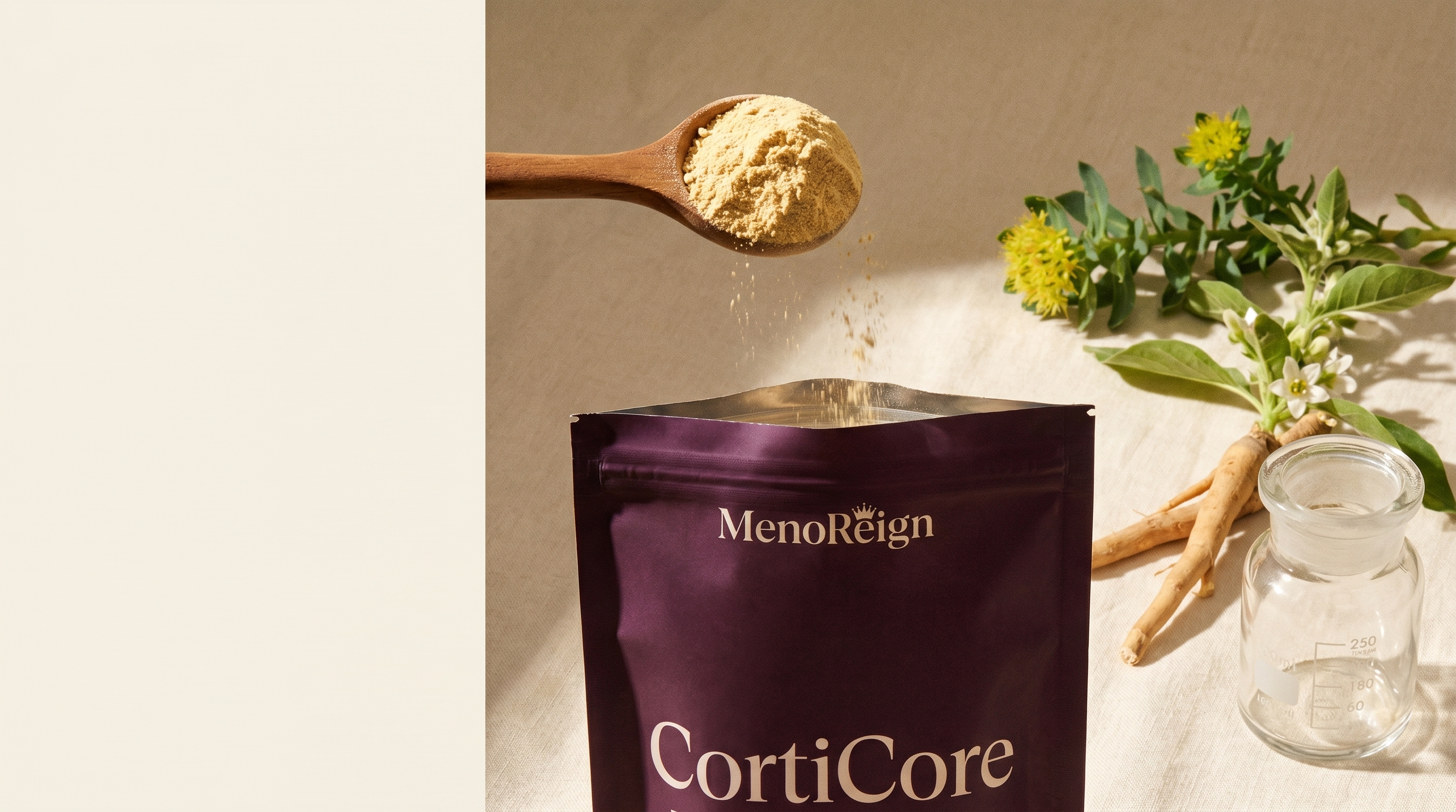 Wooden spoon of golden CortiCore powder being added to the open pouch, with ashwagandha root and rhodiola sprigs nearby