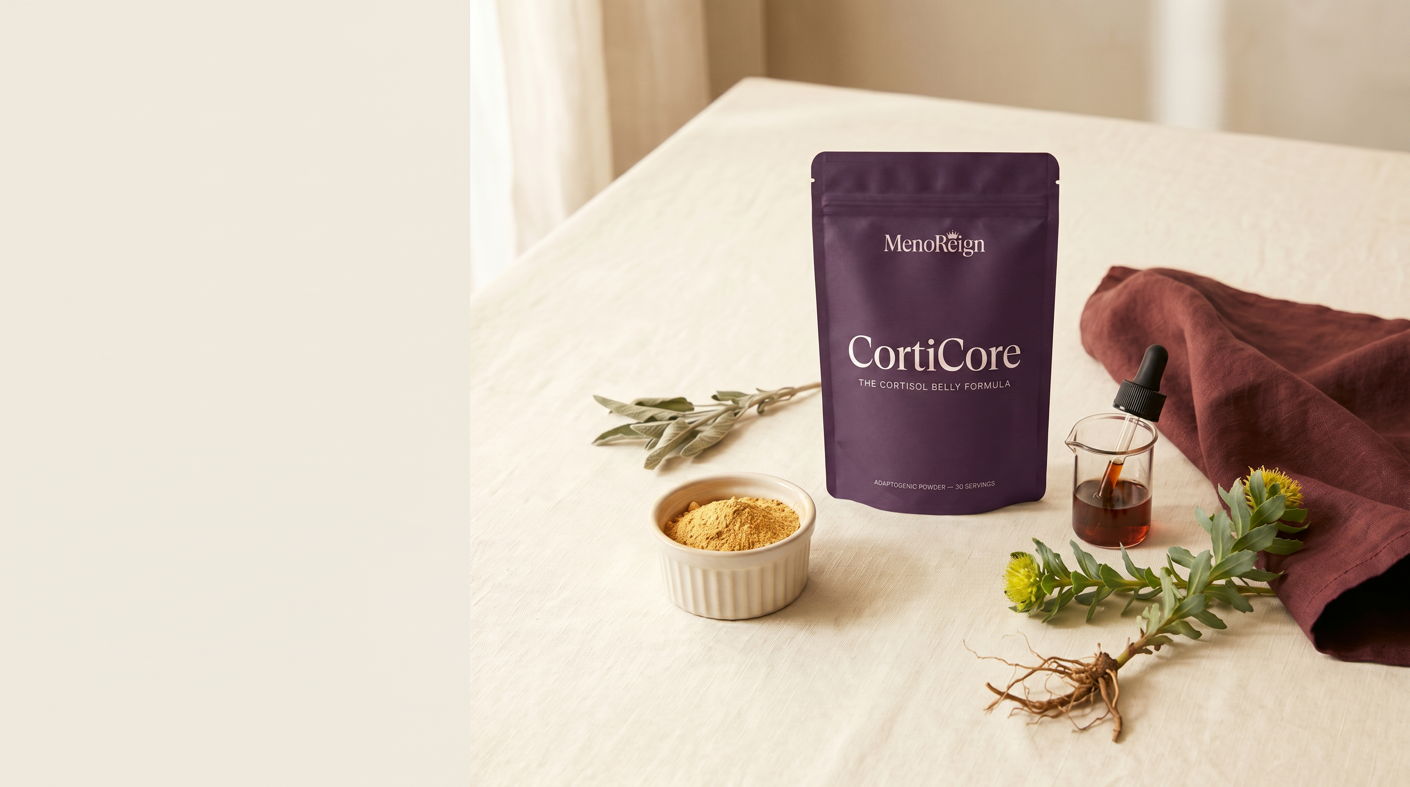 CortiCore apothecary still life — the real pouch with ashwagandha, rhodiola, sage and tincture