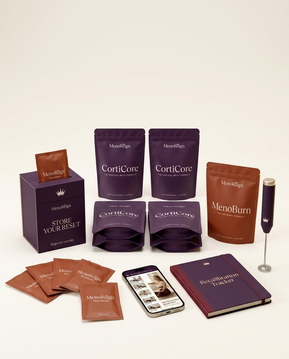 CortiCore 180-Day Supply: pouches, MenoBurn single-dose sachets, branded storage box, branded frother, MenoBurn 30-day pouch, MenoReign Transformation guide and Recalibration Tracker journal.