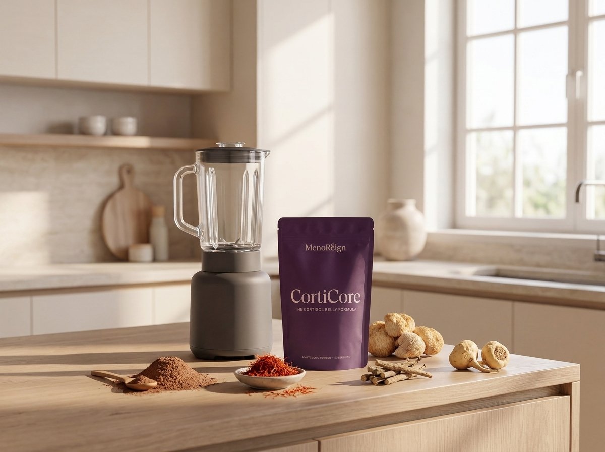 The five botanical ingredients of CortiCore arranged with the pouch on a kitchen counter.